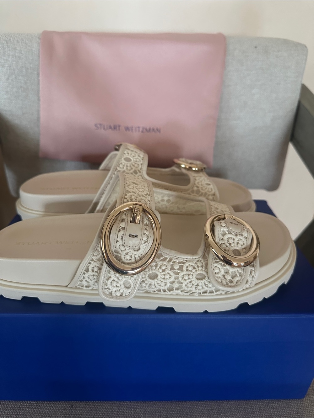 Stuart Weitzman Ivory Lace Double-Buckle Slide Sandals